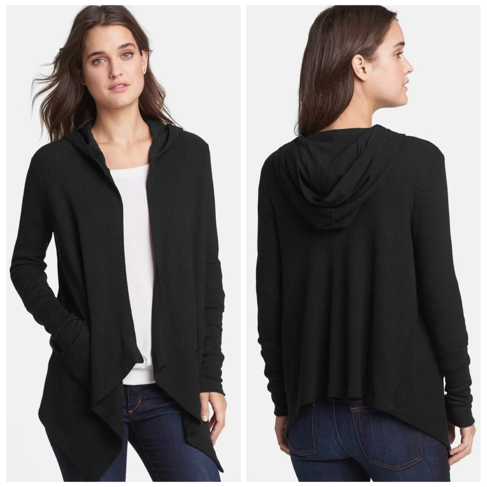 Splendid Thermal Hooded Cardigan Womens Small Black Gothcore Waffle Knit Wrap